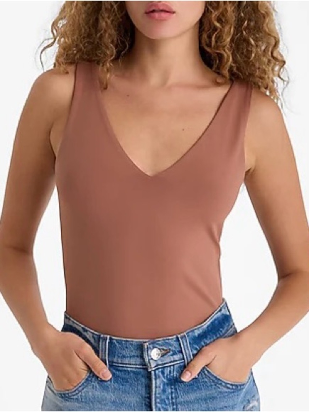Express| Cappuccino Light Brown Body Contour V-Neck Sleeveless Bodysuit Sz XXS